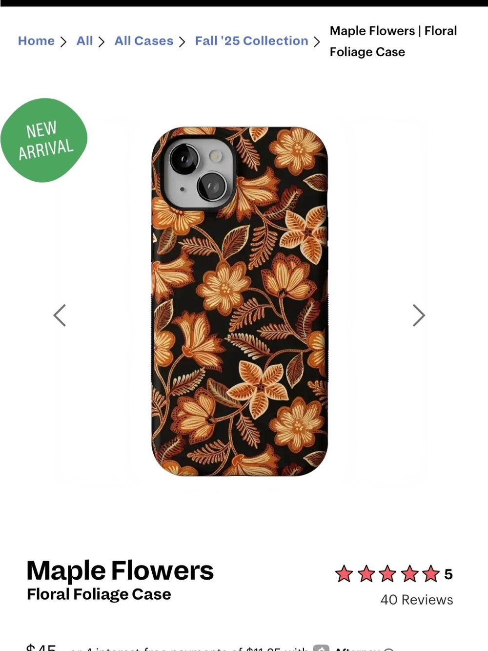 iPhone 15 Maple Flowers Floral Foliage Phone Case — Black & Gold